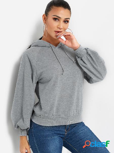 Grey Long Puff Sleeved Drawstring Hoodie