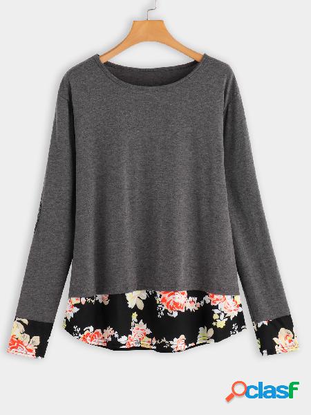 Grey Random Floral Print Round Neck Long Sleeves Stitching
