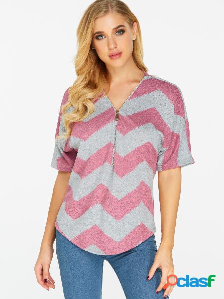 Pink And Grey Chevron Striped Zip Front Top