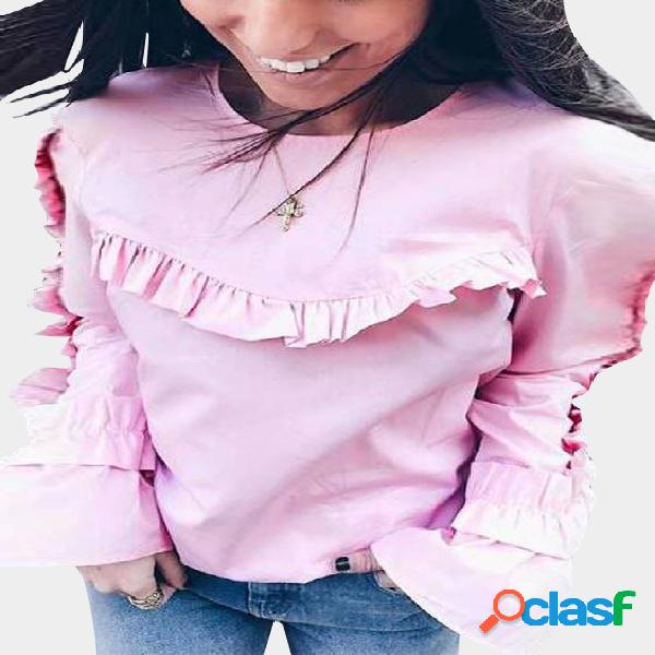 Pink Flounced Stitching Round Neck Bell Sleeves Blouse