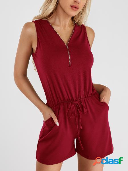 Red Side Pockets V-neck Sleeveless Drawstring Waist Playsuit