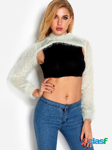 White Plain High Neck Long Sleeves Knitting Crop Top