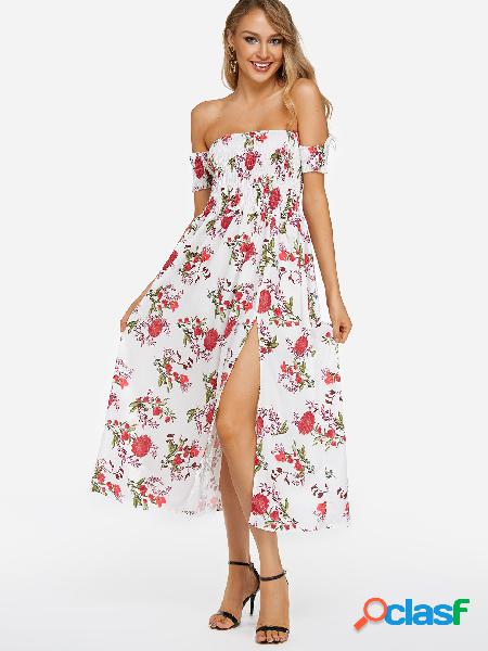 White Random Floral Print Off the Shoulder Slit Hem Dresses