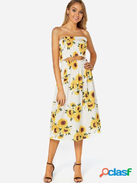 White Random Sunflower Print Off Shoulder Top & Stretch