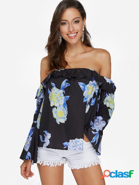 Black Flounced Design Random Floral Print Off The Shoulder