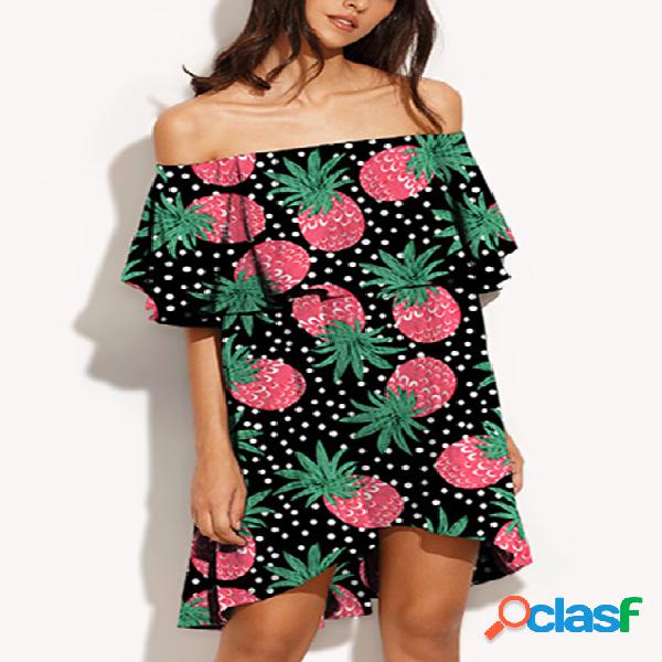 Black Polychrome Off Shoulder Irregular Hem Fruit Print