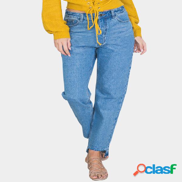 Blue Classic Five Pockets Asymmetrical Hem Casual Denim