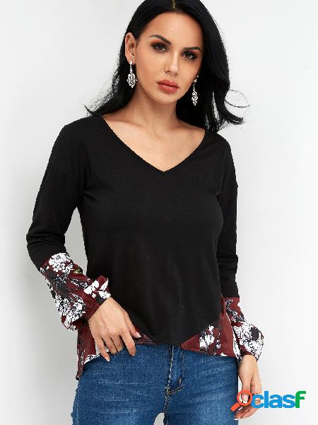 Color Block Floral Print V-neck Long Sleeves T-shirts