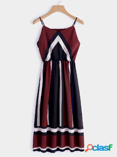 Color Block V-neck Sleeveless Spaghetti Beach Dress in