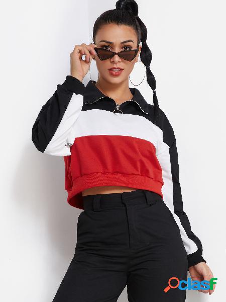 Colorblock Zipper Front Pullover Crop Sweatshirt in Red