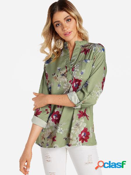 Green Button Design Random Floral Print Side Poacket 3/4