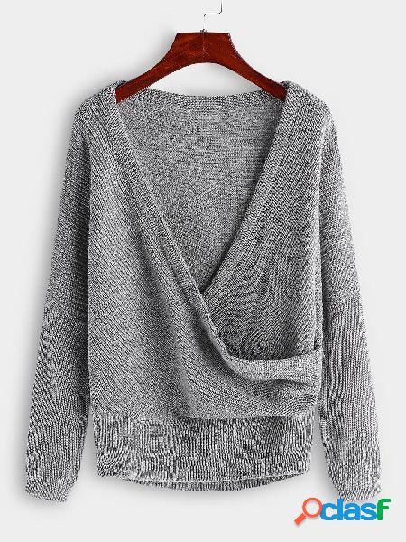 Grey Crossed Front Design V-neck Dolman Sleeve Sweater