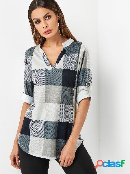 Grey Grid Pattern V-neck Button Design Adjustable Length