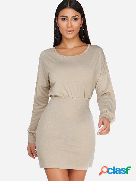 Khaki Zip Design Round Neck Lantern Sleeves Mini Dress