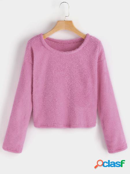 Pink Coral Velvet Round Neck Long Sleeved Crop Sweatshits