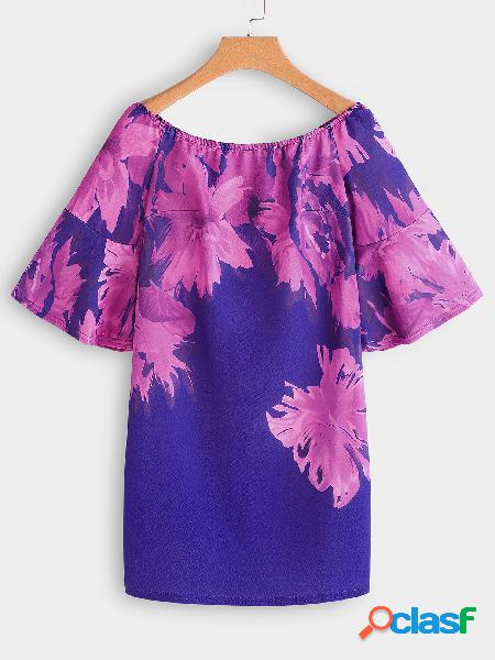 Purple Backless Floral Print Off The Shoulder Flared Sleeves