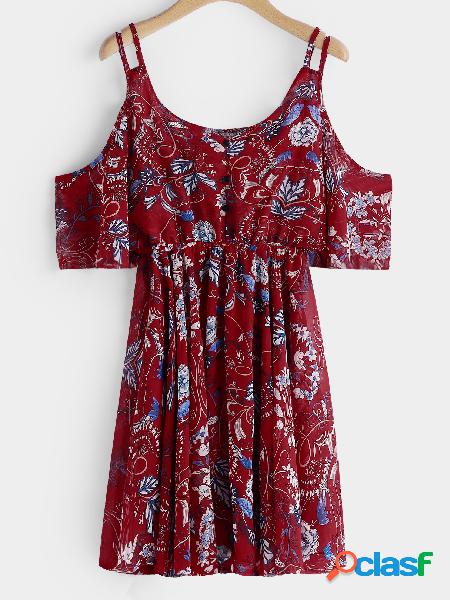 Random Floral Print Cold Shoulder Chiffon Mini Dress