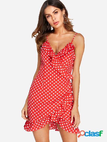 Red Spaghetti Strap Polka Dot Wrap Dresses