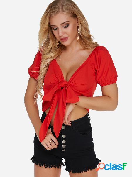 Red V-neck Short Sleeves Tie-up Design Crop Top