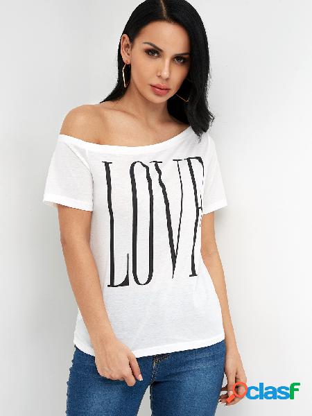 White Letter Printed One Shoulder Short Sleeves T-shirt