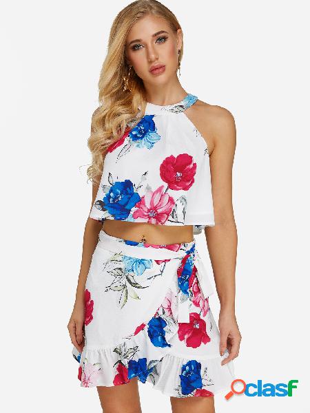 White Wrap Design Random Floral Print Halter Two Piece