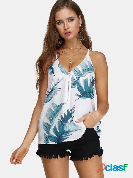 White Zipper Design Random Floral Leaf Print V-neck Cami