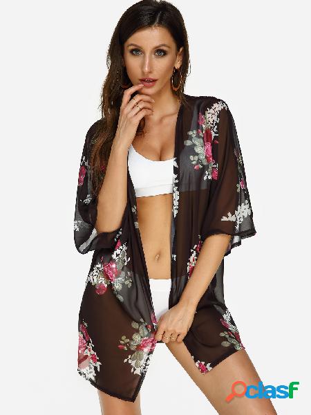 Black Floral Print 3/4 Length Sleeves Semi Sheer Beach