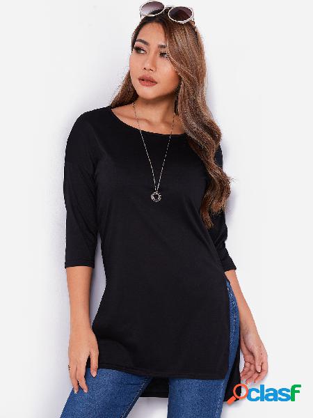 Black Slit Design Round Neck Long Sleeves Long Length Top