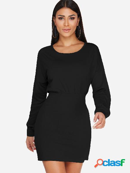 Black Zip Design Round Neck Lantern Sleeves Mini Dress