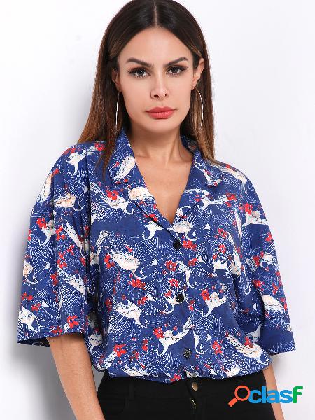 Blue Animal Pattern Deep V Neck Single Breasted Design Bat