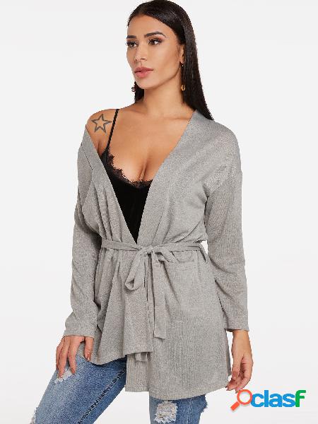 Grey Side Pockets Plain V-neck Long Sleeves Cardigans