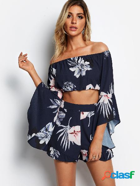 Navy Random Floral Print Off The Shoulder Top & High-waisted