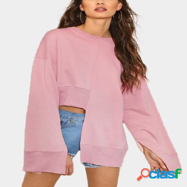 Pink Round Neck Long Sleeves High Low Hem Sweatshirt