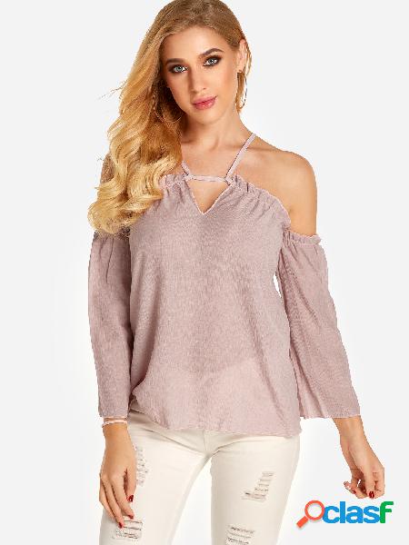 Pink Sheer Cold Shoulder Long Sleeves Top
