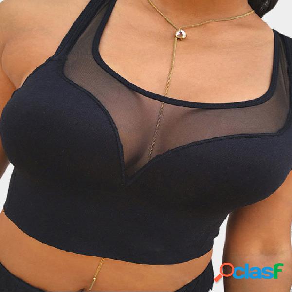 Scoop Neck Mesh Inset Sport Top in Black