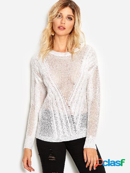 White Hollow See Through Design Round Neck Long Sleeves