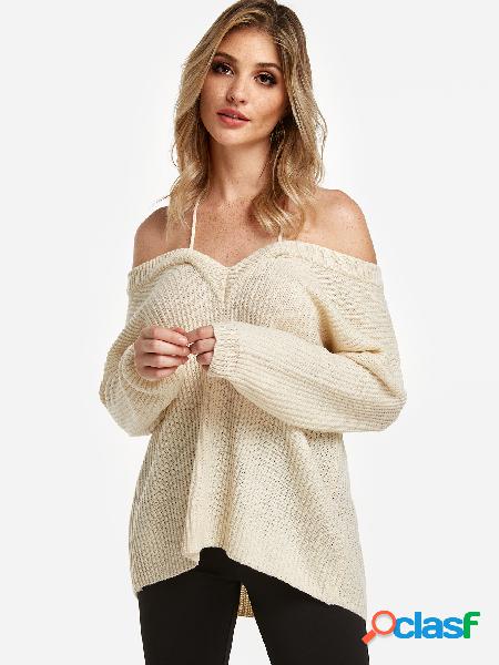 Beige Cable Knit Plain Halter Long Sleeves Sweaters
