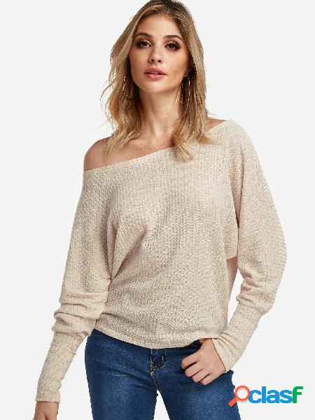 Beige Plain One Shoulder Long Sleeves Tee