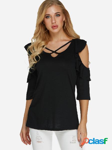 Black Crossed Front Cold Shoulder 3/4 Length sleeves Blouse