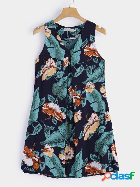 Black Random Floral Print V-neck Sleeveless Loose Waist Mini