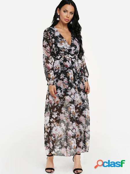 Black Random Floral Print Wrap V-neck Maxi Dress