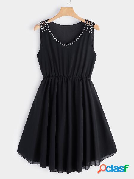 Black V-neck Diamond Sleeveless Chiffon Dresses