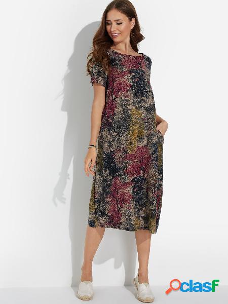 Boho Style Leaves Print Round Neck Short Sleeves Midi Dress