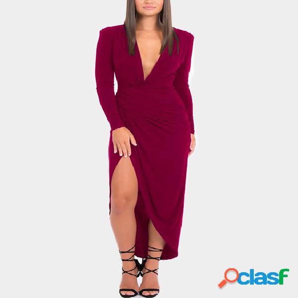 Burgundy Deep V-Neck Slit Hem Maxi Party Dresses