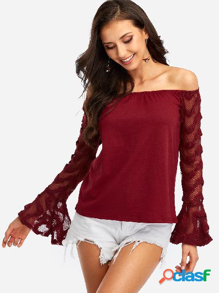 Burgundy Off The Shoulder Long Sleeves Patchwork Design Top