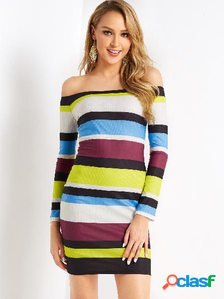 Casual Stripe Off The Shoulder Long Sleeves Rib Dress