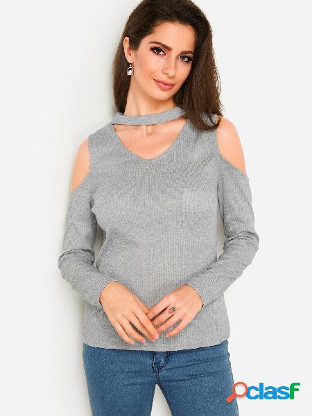 Grey Plain Choker Neck Cold Shoulder Long Sleeves T-shirts