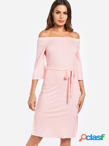 Pink Self-tie Waist Plain Off The Shoulder 3/4 Length Slit