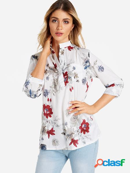 White Button Design Random Floral Print Side Poacket 3/4