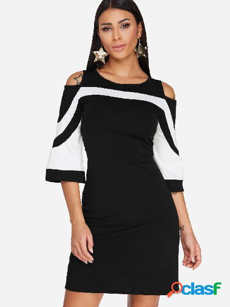 Black Cold Shoulder Stripe Round Neck Flared Sleeves Dress
